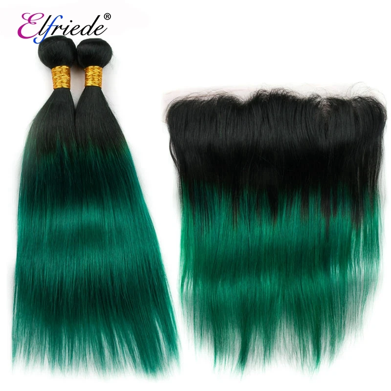 Elfriede T1B/Green Straight Ombre Colored Hair Bundles with Frontal Remy 100% Human Hair Weaves 3 Bundles with Lace Frontal 13x4