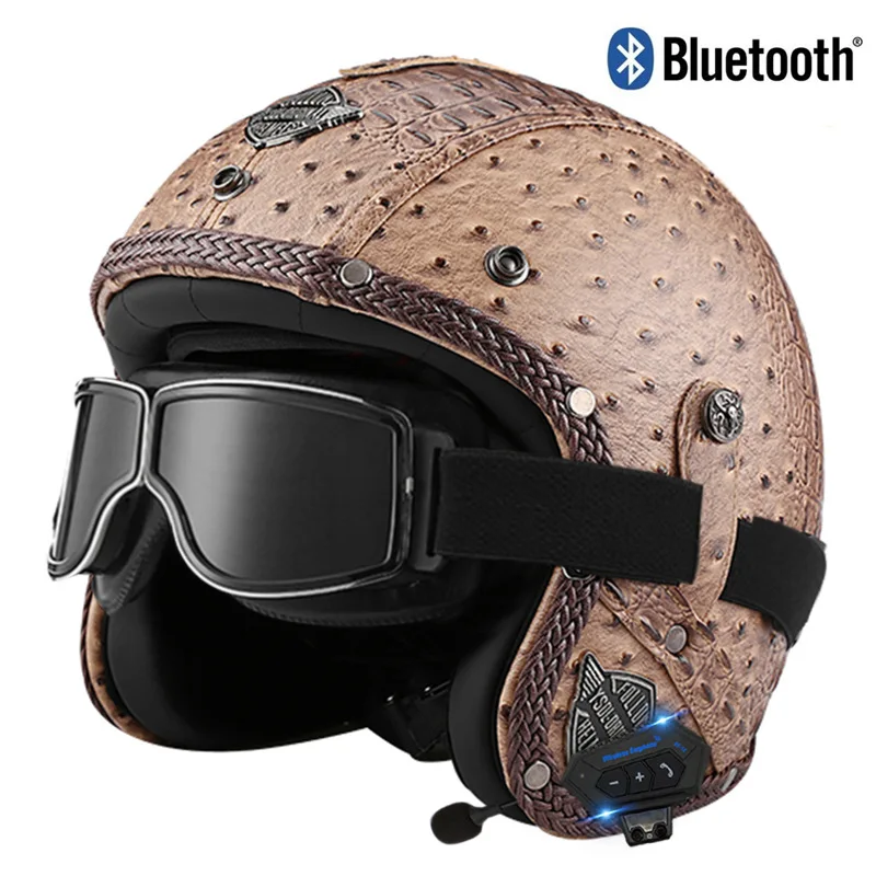 Motorcycle Retro Bluetooth Helmet Motorcycle Off-road High Quality PU Leather Half Helmet with Goggles 3/4