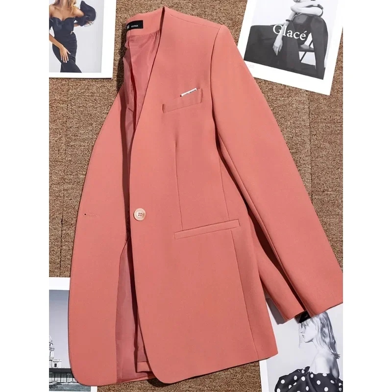 Blazer feminino de manga comprida com decote em v, senhoras do escritório, jaqueta feminina, rosa amarela, outono, inverno