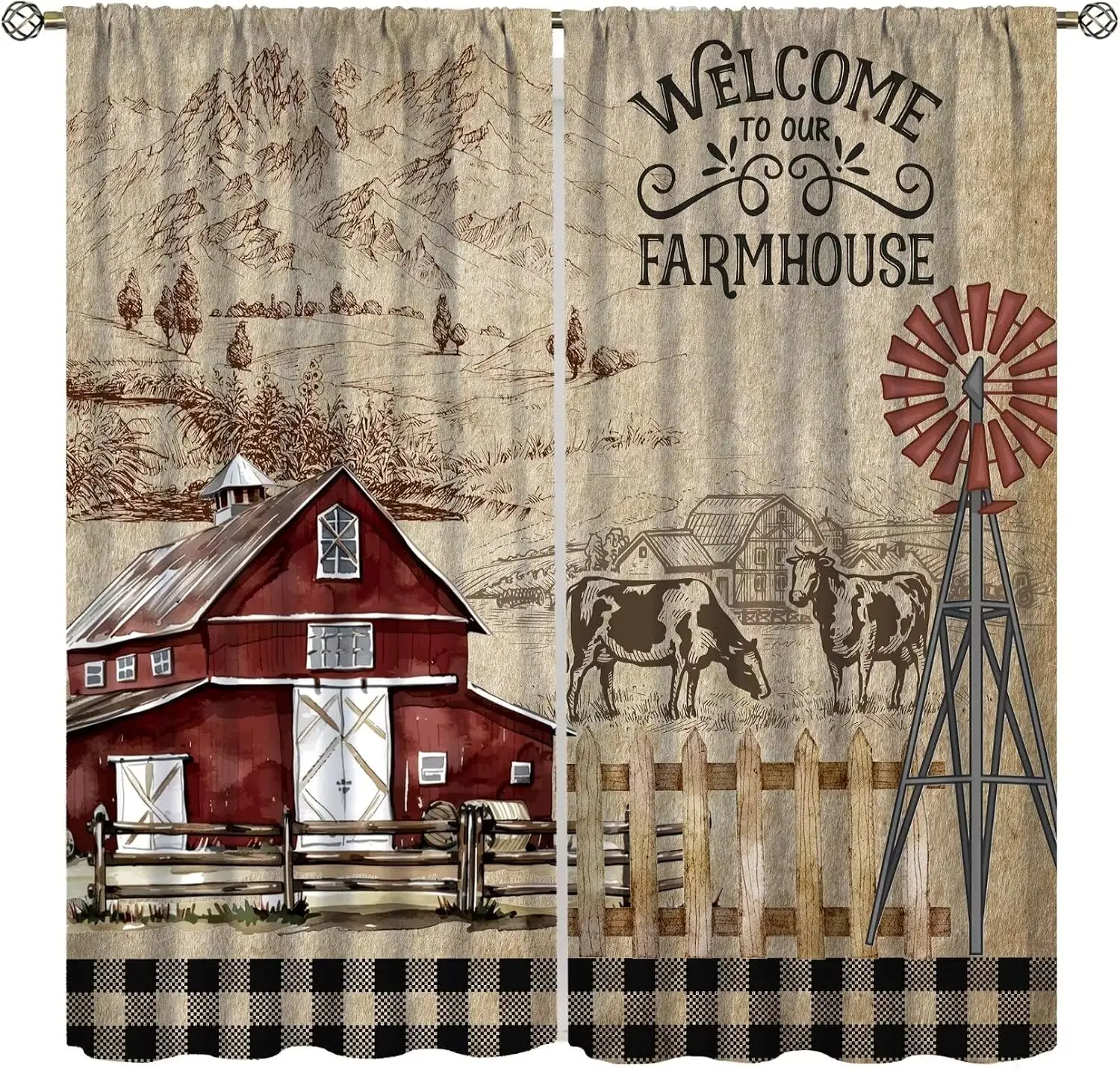 Farm Barn Cow Curtain Panels, Vintage Linen Red Granary Windmill Plaid Rural Home Print Drapes for Kitchen Dining Decor