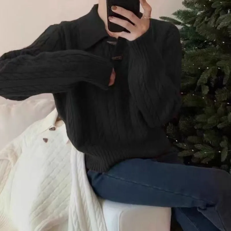 Французский новый стиль, простой пуловер в пригородном стиле, осень-зима, темпераментный свитер на пуговицах с поворотным рогом, корейская версия