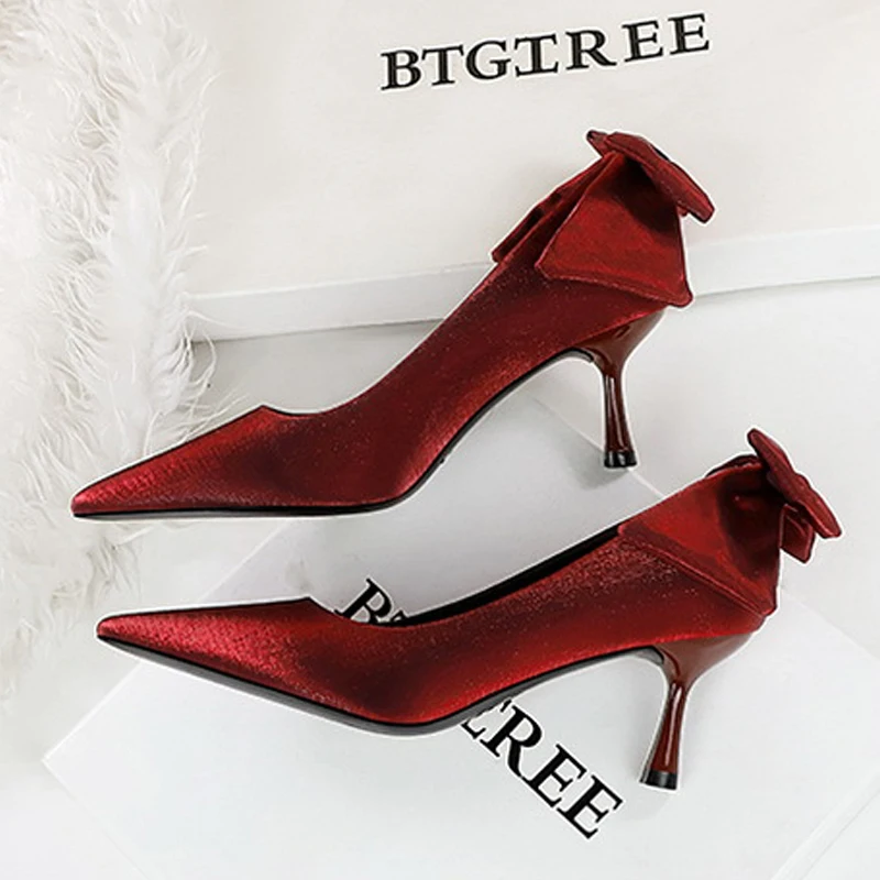 

BIGTREE High Quality Women Pumps Elegant Thin Heels Sandals Designer Butterfly-kont Pointed Toe Banquet Wedding Shoes