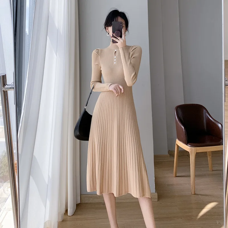 

Vestidos Autumn Winter Slim Long Sleeve Party Midi Dress Women Knitted Half High Collar Elegant Knit Sweater Dresses Ladies