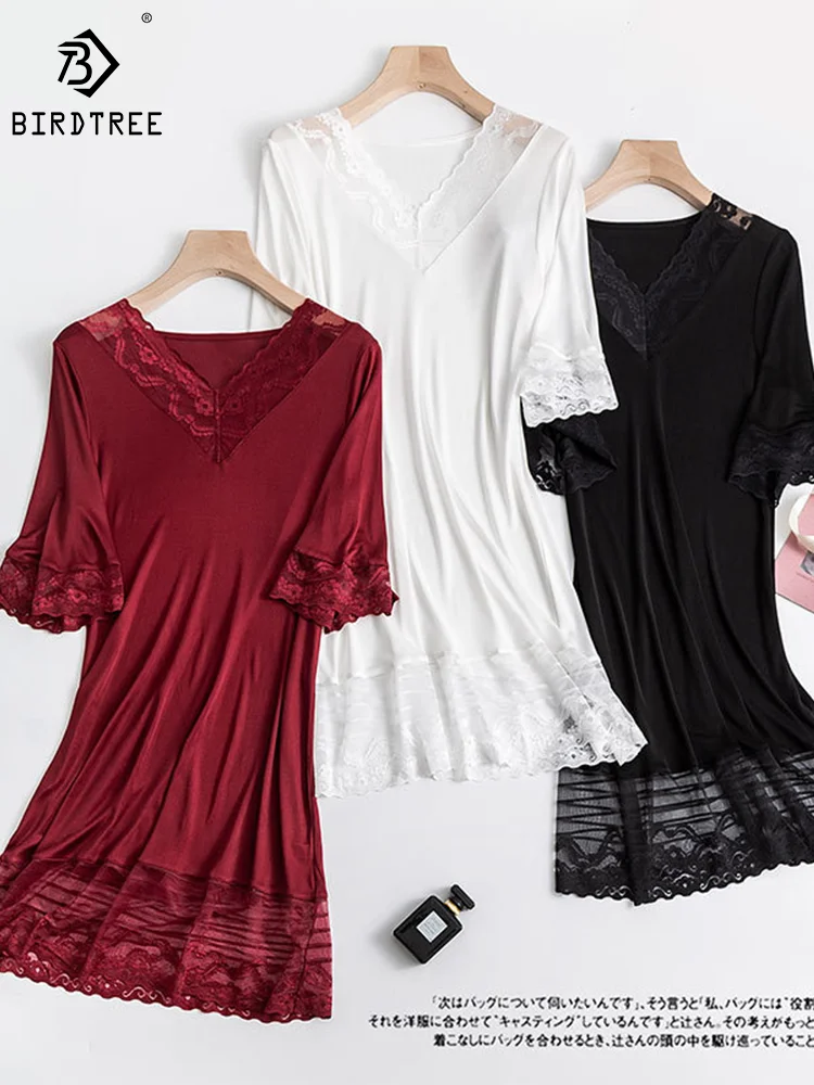 Birdtree High End Real Silk Lace Sleepwear for Women V Neck Sexy Thin Sleep Dress Loose Nightdress Nightgown 2023 New P37974QM