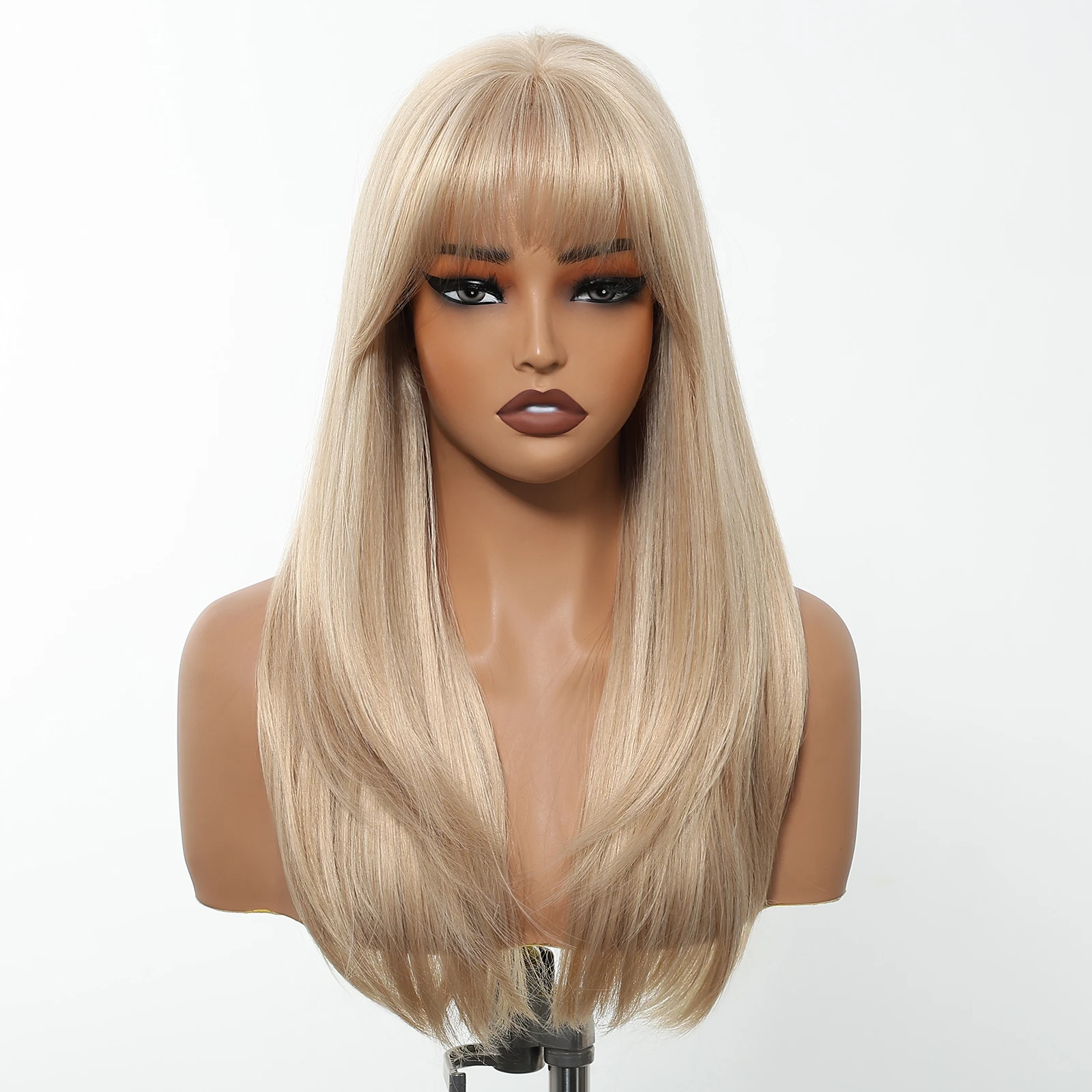 EASIHAIR Lange blonde synthetische Perücken für Frauen, gerade, geschichtete Naturhaar-Perücken mit Pony, hitzebeständige Perücken für den täglichen Gebrauch – Detail 6