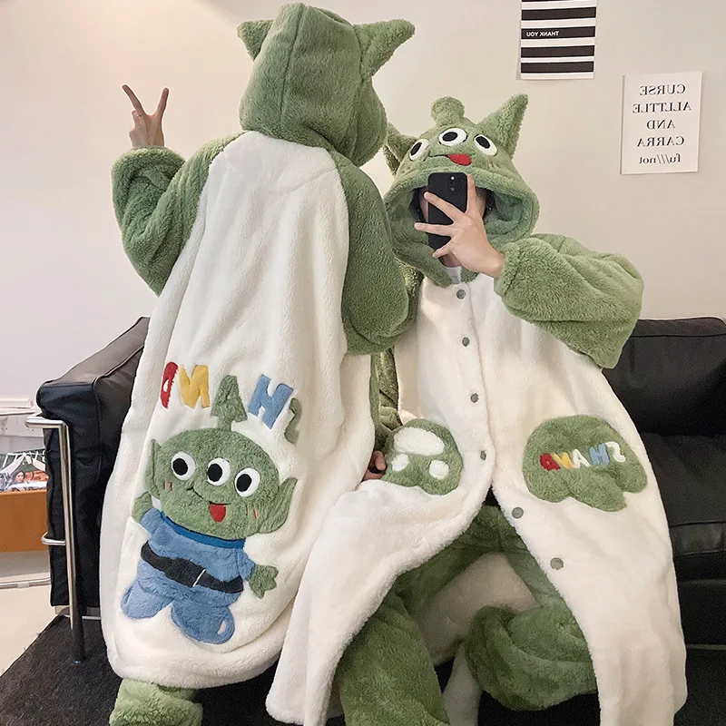 Anime ponto 2 pçs pijamas de pelúcia conjunto robe mulher inverno quente coral veludo homewear terno disney dos desenhos animados com capuz engrossar roupas de noite