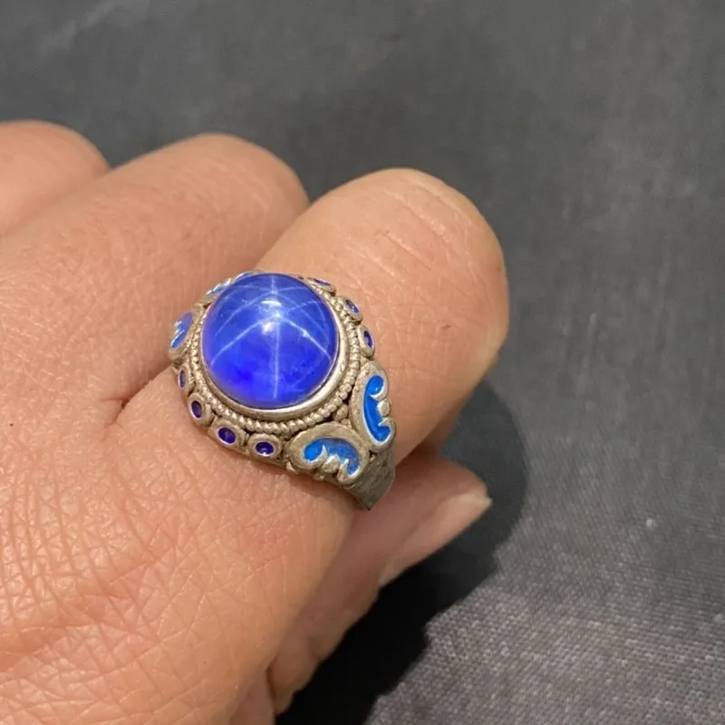 

Tibetan Silver Cloisonne Ring, Inlaid Blue Star Sapphire, Retro Ethnic Style, Adjustable Open Band, Unisex Vintage Finger
