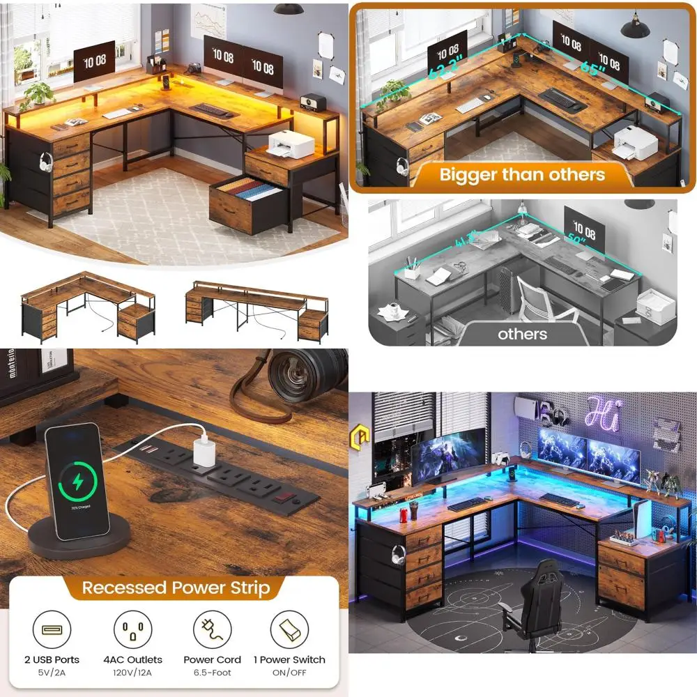 

L-Shaped Desk with 6 Drawers, 108 Home Office Desk with File Drawer and Power Outlet, Corner Computer Desk with Monitor Shelf