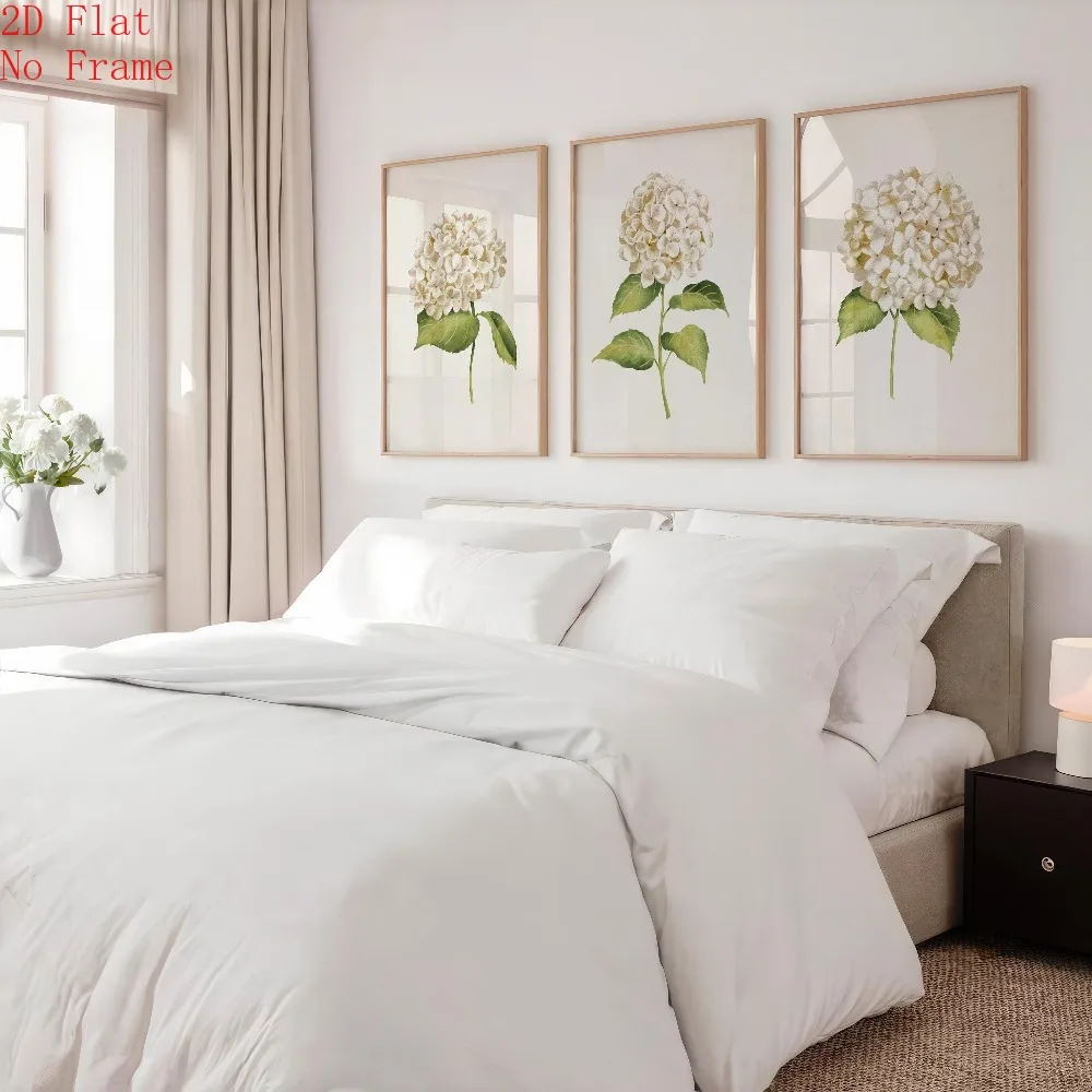 AZNM 3Pcs White Hydrangea Canvas Wall Art, Watercolor Floral Green Leaf Print Frameless Canvas Painting, Minimalist