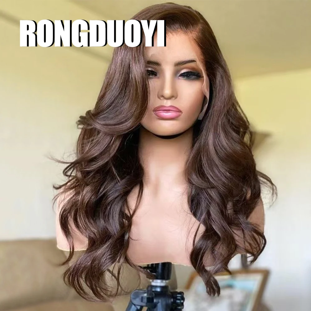 RONGDUOYI Brown Synthetic Wig Body Wave 13×4 Lace Front Wigs Side Part Brown Hair Daily Wig for Woman Makeup Use Heat Fiber Hair