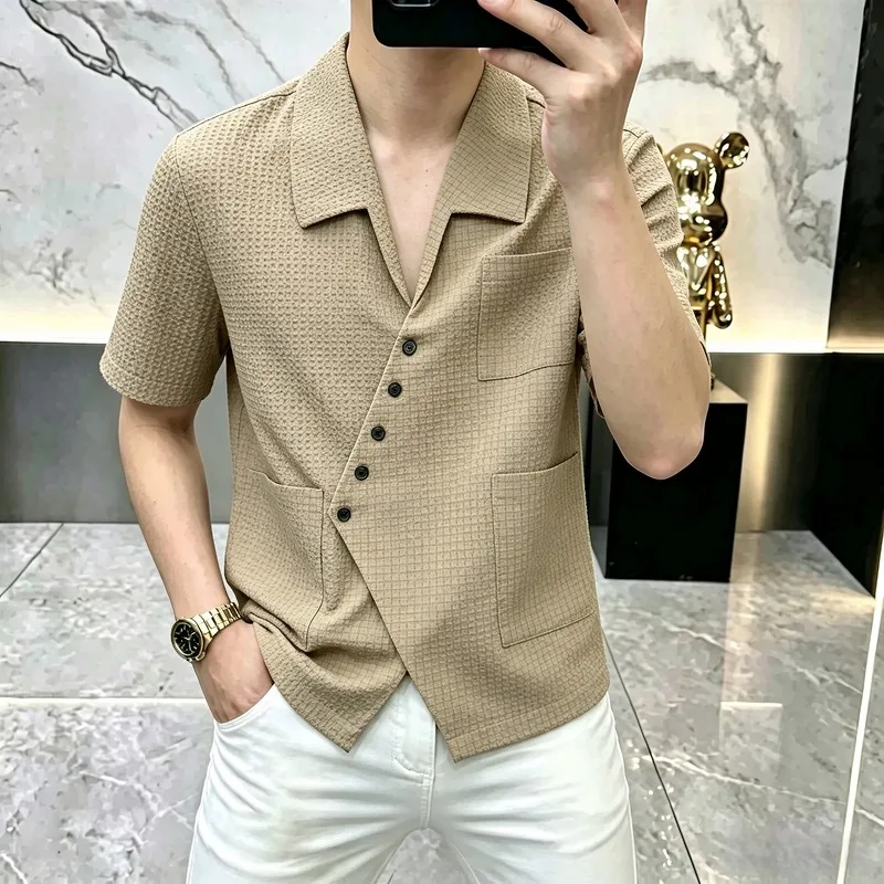 Summer Personalized Design Shirt Men's Short Sleeved Foam Gauze Casual Business Shirt Suit Collar Office Social Versatile Shirts
