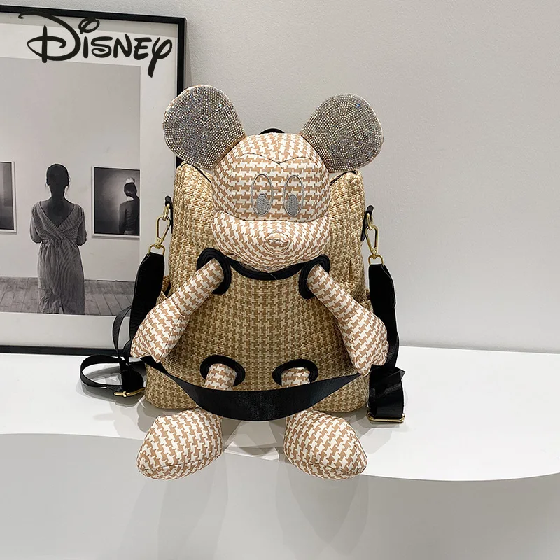 

Disney Mickey's New Women's Doll Backpack Fashionable High Quality Straw Woven Backpack Cartoon Large Capacity Doll Backpack