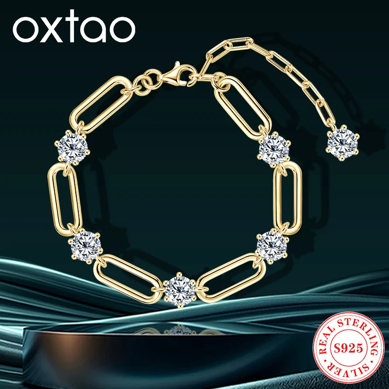 

OXTAO женский браслет-скрепка из стерлингового серебра 925 пробы 1,0 карата с муассанитом и бриллиантами, браслет из белого золота 18 карат, регулируемая цепочка