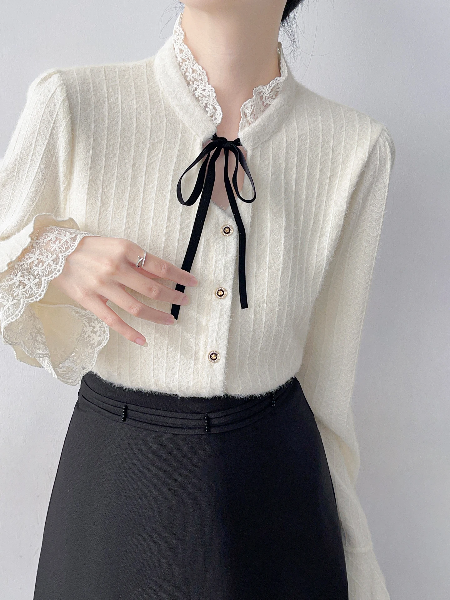 

Korean Sle Fce Lined irt with Bow Tie Long Sve Stand Collar Women's Spring Sweet Anti Aging Knot Top