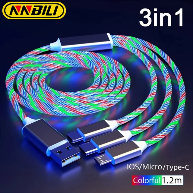 NNBILI Świecący kabel LED USB 3 w 1 do szybkiego ładowania telefonu Świecący kabel typu C do telefonu Xiaomi iPhone Akcesoria