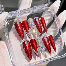 10 Pieces Christmas Handmade Wear Nail Luxury Fishtail Bridal Fake Nails Red Festive New Year Nail Art Patches Press On Nails