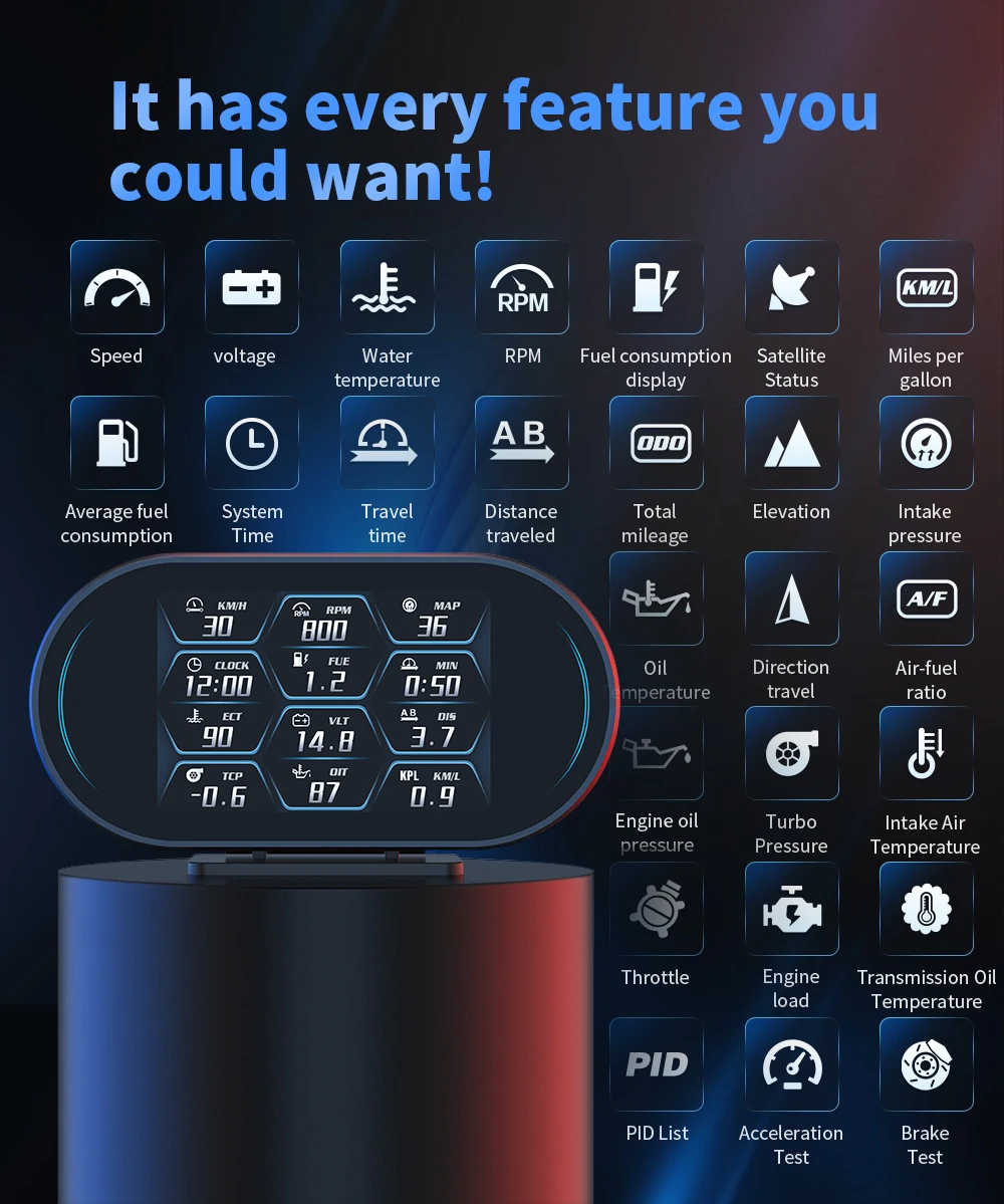On-Board-Computer Auto OBD HUD P27 Tachometer Strecken-Display Wasser- & Öltemperatur Kraftstoffverbrauch Auto-Elektronik-Zubehör GPS-Geschwindigkeit – Detail 10
