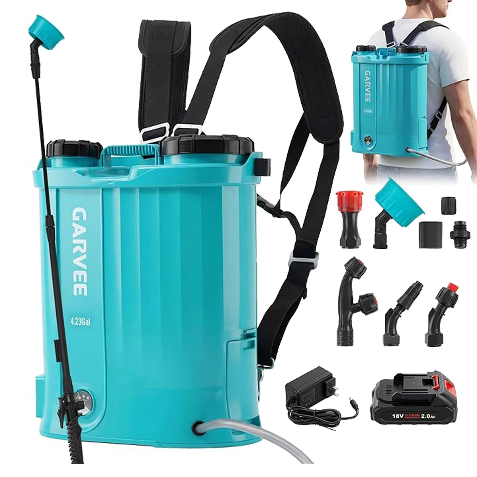 4.23 Gallon Battery Powered Backpack Sprayer, 0-65 PSI Adjustable Pressure, Electric Sprayer with 5 Nozzles and 1 Wands, 18V 2Ah Battery for Weeding, Spraying