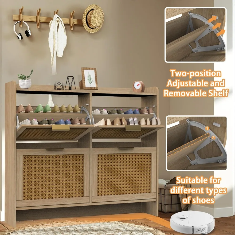 رف منظم للأحذية الضيق قائم بذاته مع درجين وأرجل معدنية، وخزانة تخزين خشبية طبيعية للمدخل