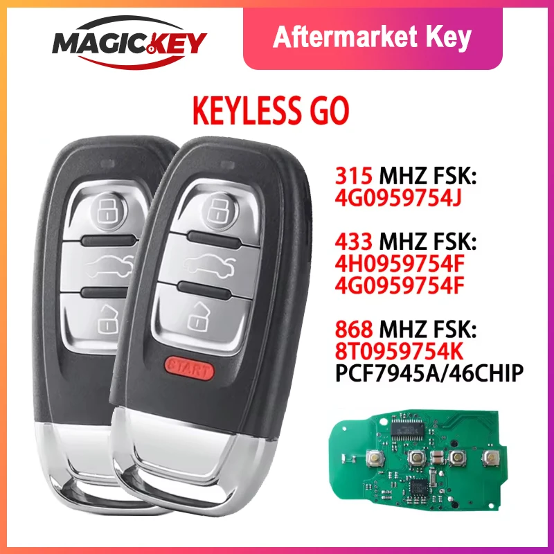 

MAGICKEY Keyless Go Key for Audi A4 A5 RS4 A7 A8 Q5 315/433/868Mhz fit 4G0959754J/F 8T0959754K Remote Smart Car Fob Card Battery