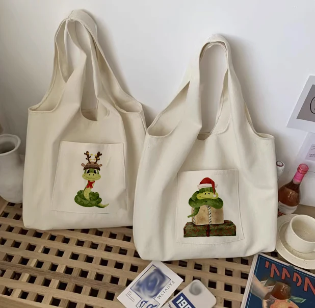 Ladies' canvas bag, cotton shopping bag, Christmas snake eco-friendly storage, reusable vest, canvas bag, shoulder bag, handbag