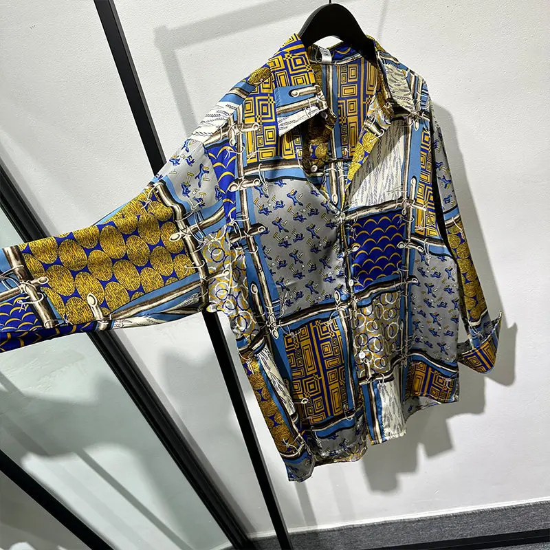 Palace Style Printed Shirt Design Sense Fashion Thin Retro Loose Non-Ironing Draping Ice Silk Long Sleeve