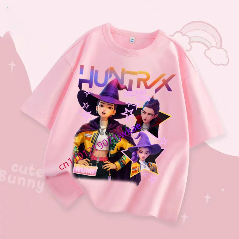 

Kids Hallowmas Short Sleeve Clothing Gift KPop Demon Hunters T-shirt for Children Cartoon Tee Top White Round Collar Clothes