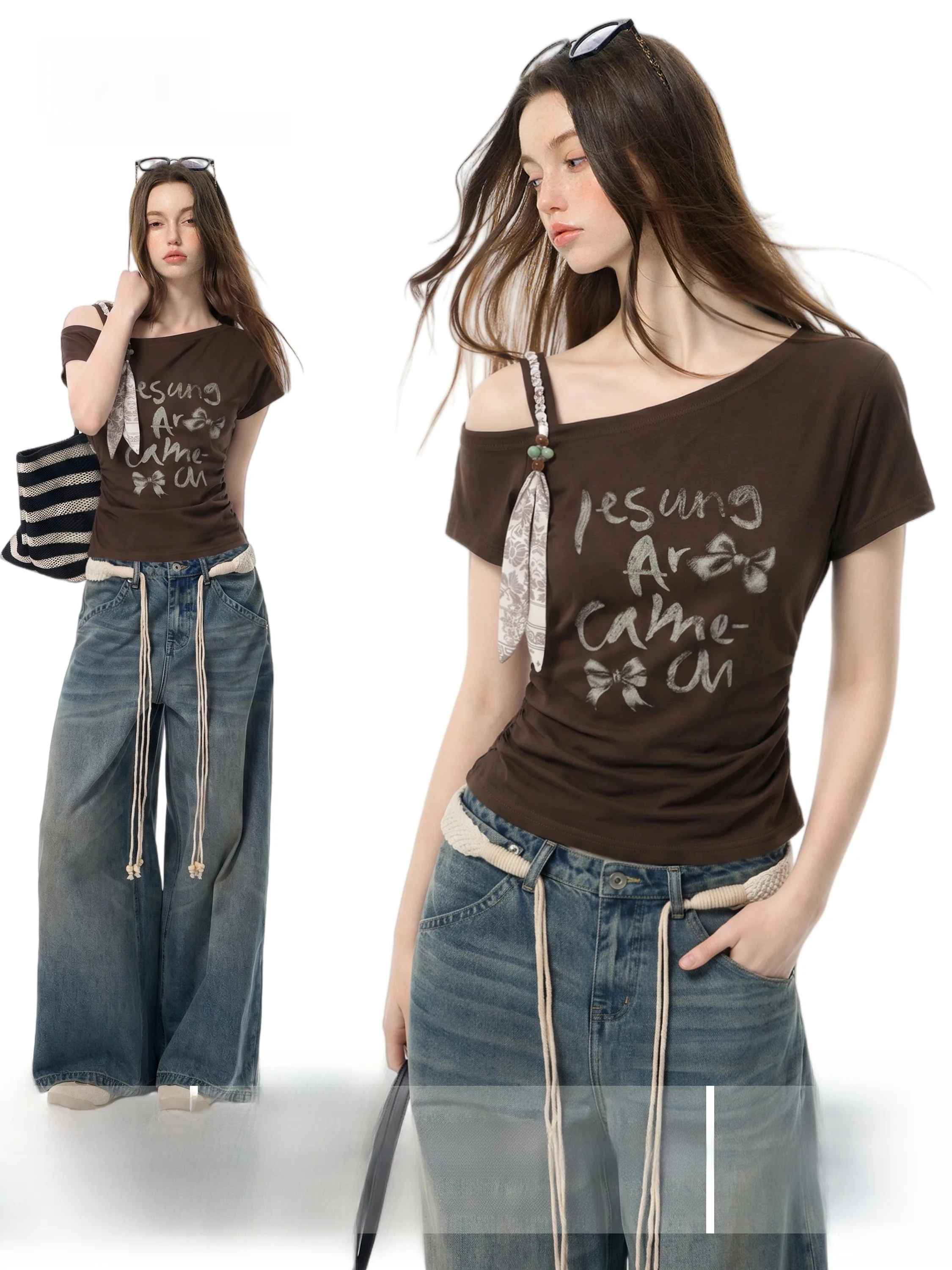 Retro Coffee Short Sleeve Shoulder Bared T Shirt Women's Slim Fit Korean Style New Model Short Length Top for Summer