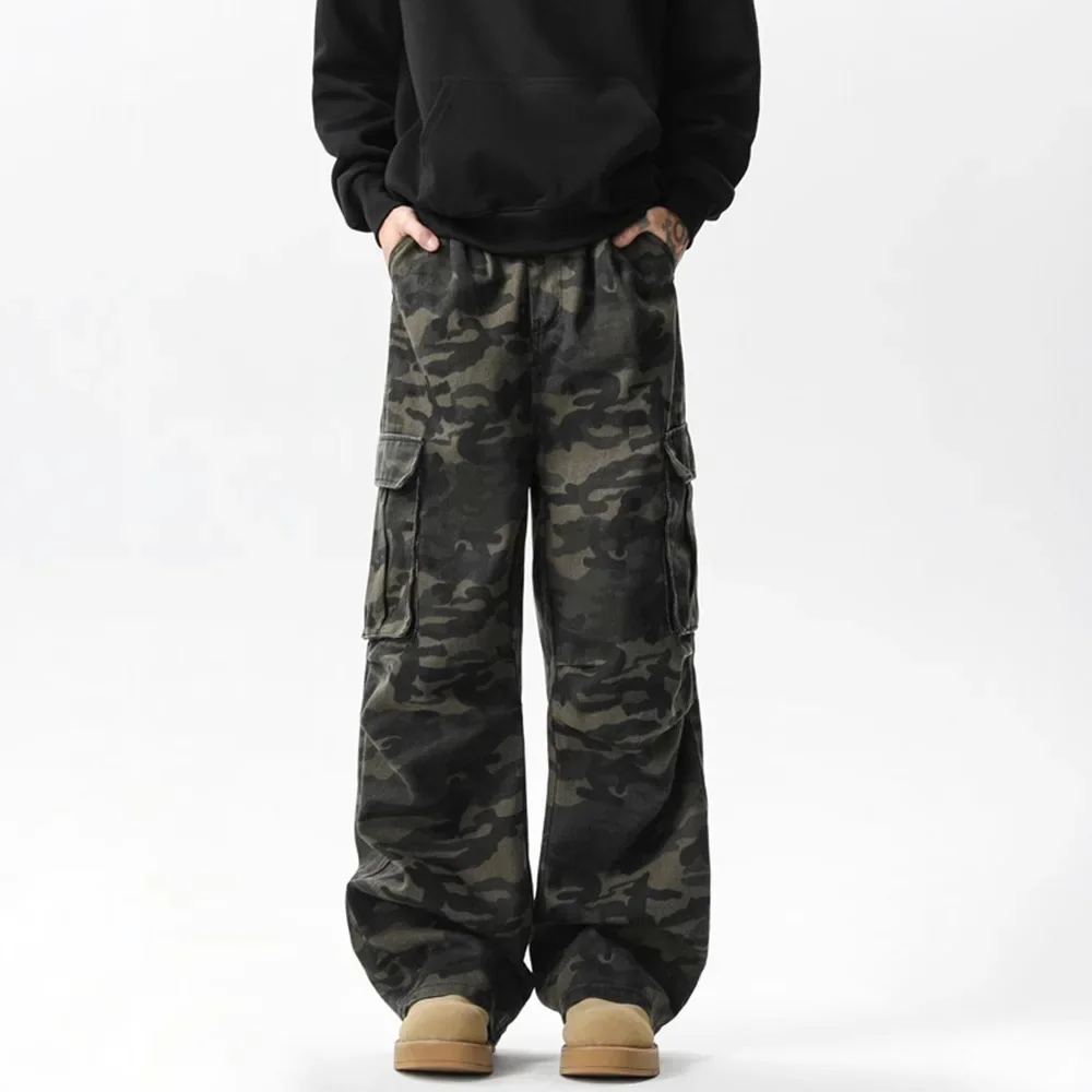 2025 사계절 아메리칸 스타일 남성용 카모플라주 캐주얼 트렌디 심플 베이직 루즈 와이드 레그 카고 바지 남성 팬츠 의류