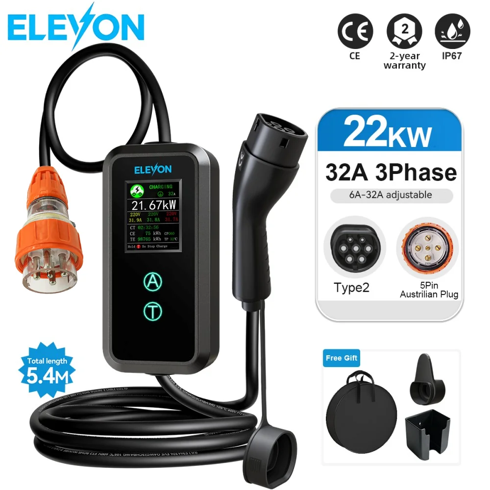 ELEVON 22kw Type2 32A Three-Phase EVSE Wallbox Portable Electric Vehicle Charger IP67 Charging Cable for Electric Cars