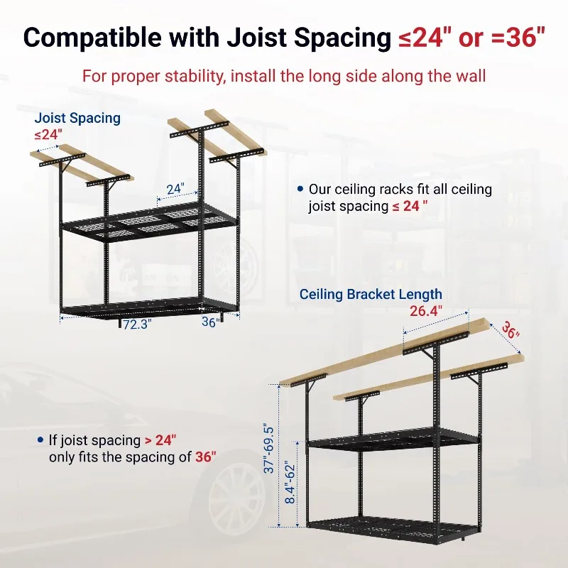 3x6 2-Tier Overhead Ceiling Garage Storage Rack, Black