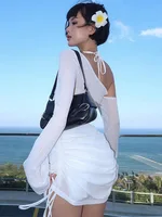 Women's Solid Skew Collar Ruched Straps Lace-Up See through Draw String Mini Dress Summer 2025 Party Clubwear - Image 5
