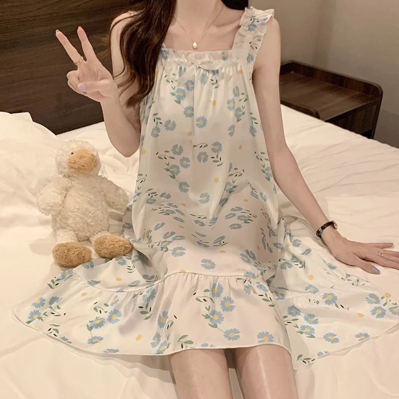 

Silk Feel Spwear Women's Summer Thin Ice Silk Vest Nightgown Svel Home Clothes Daisy Print One oulder Sweet Sle