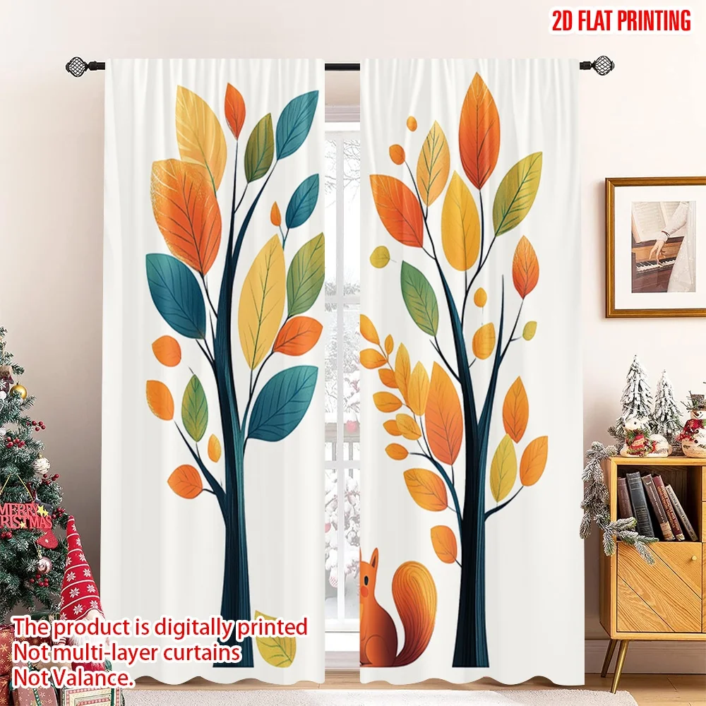 

2pcs 2D flat printing Merry Christmas Popular Curtains Cute Squirrel Autumn Leaves (2) Polyester Without Electricity Festive