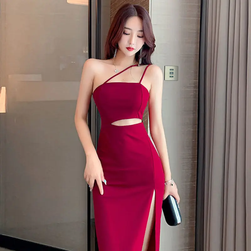 Dinner Party Gown Female 2025 New Women's Sexy Strapless Red Hollow Out  Split Long Dresses Korean Lady Graceful Sling Prom Dress - AliExpress  200000345