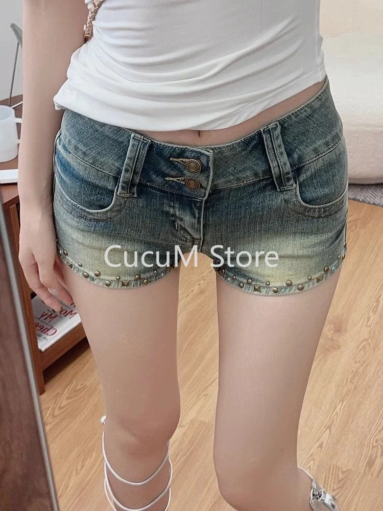 Amerikaanse retro lage taille denim shorts dames heupbedekkende high street klinknagel trendy mode vrije tijd dagelijks sexy meisjes zomer chic