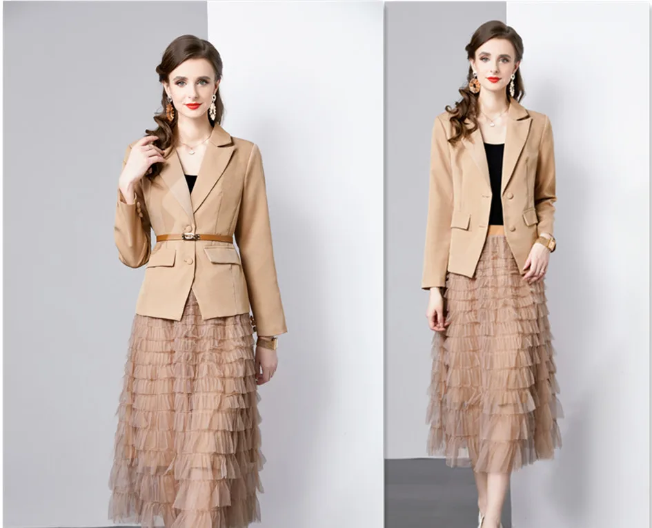 

2025 Fashion Designer Outfits Women's Notched Khaki Blazer Belt Jacket Coat + Tulle Mesh Cake Pleated Skirt Two Piece Set