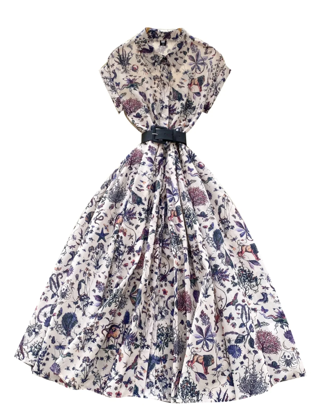 우아하고 세련된 여성용 빈티지 칼라 반팔 드레스 하이웨이스트 플리츠 슬림 프린트 셔츠 롱 드레스 한국 스타일