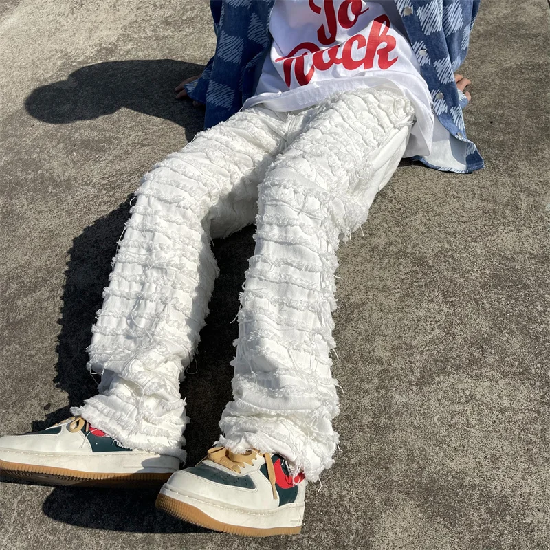 White Hip Hop Jeans Striped Tassel Frayed Straight Baggy Pants Harajuku Male Female Solid Streetwear Casual Denim Trousers