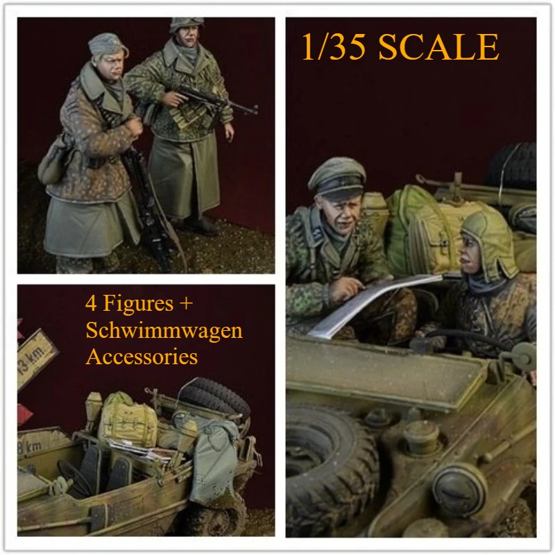 Unbemaltes 1:35 Gießharz-Modellbausatz, Historische Miniatur-Soldaten, 4 Personen und Zubehör, Unmontiertes Diorama-Spielzeug