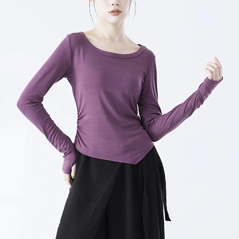 

Fashion Sporty Gym T Shirt Woman Black Purple O Neck Full Sleeve Top Women Clothing Dance Yoga Slim Stretch Asymmetric Shirts