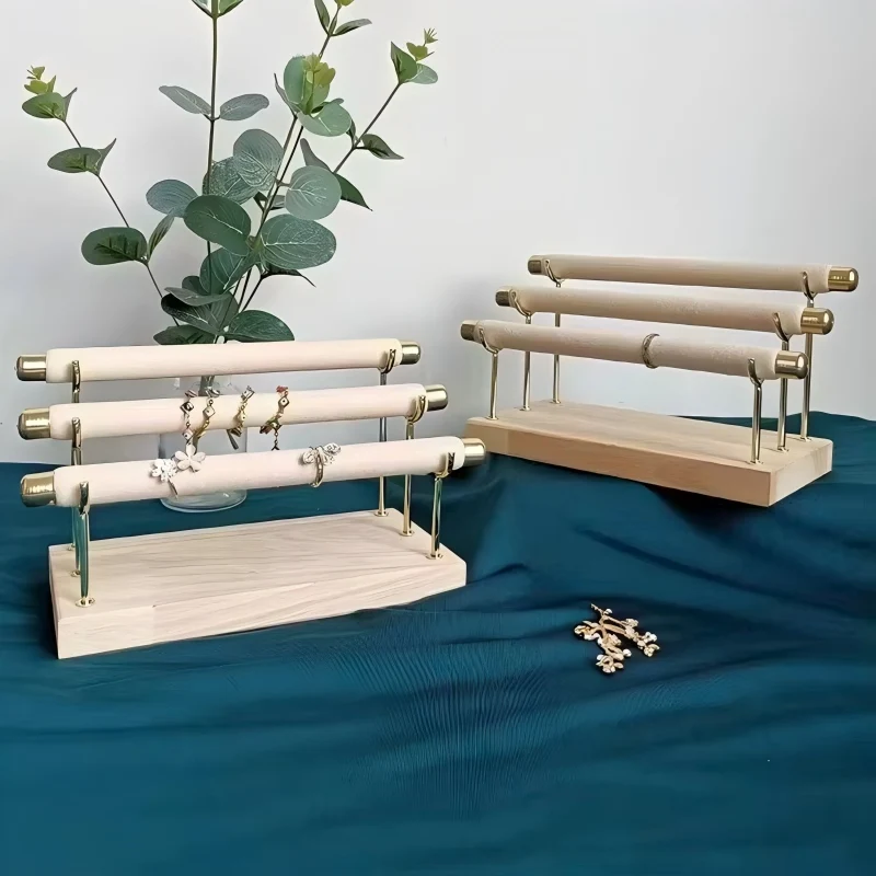 

Bamboo Jewelry Display Stand Wooden Bracelet Watch Holder Rack with Gold Metal, Necklace Organizer for Retail Display