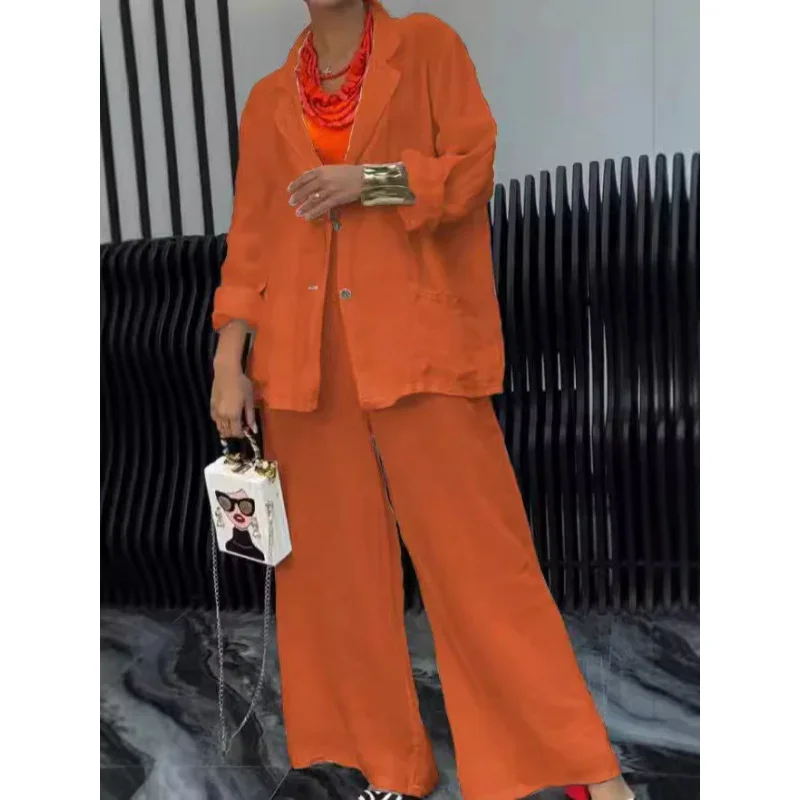 

Casual Cotton Linen Solid Color Shirt Pocket Wide Leg Pants Suit