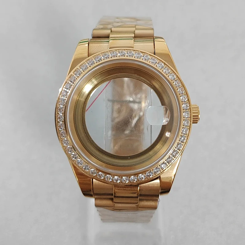 316L Stainless Steel 41mm Gold Diamond Inlaid Classic Style Watch Case+Strap 28.5mm Dial Waterproof Fit 8285 Movement