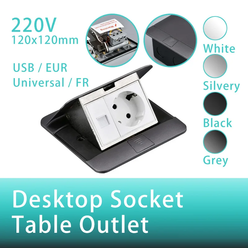 

Metal Panel EU Standard Hidden Type Table Socket 2/3 Way Outlet USB/EUR/Universal/FR Office Cabinet Desktop Aluminum 120x120mm