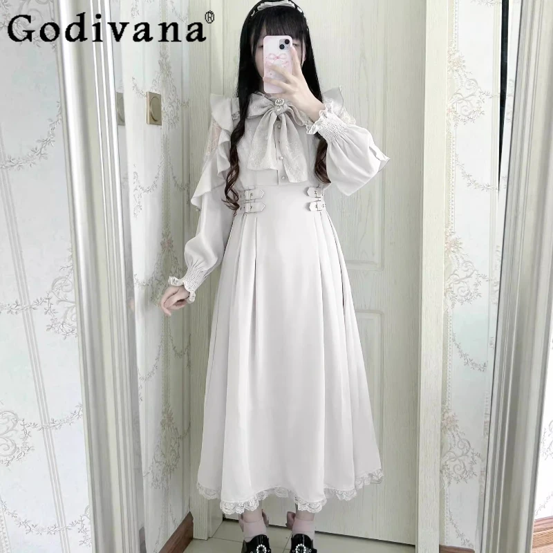 ญี่ปุ่น Rojita ลูกไม้ Ruffle ชุดผู้หญิงขอบเอวแขนยาวหญิงฤดูใบไม้ผลิ Subculture เอวสูงชุดยาว