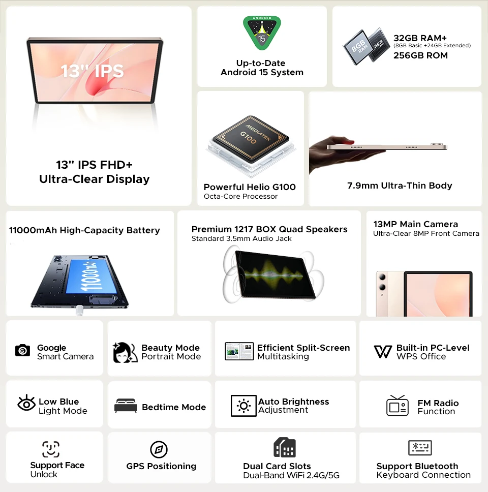 DOOGEE Tab E3 Pro Tablet Android 15 Gemini AI 13'' Display 7.9mm Ultra-thin 8GB 256GB Smart Pad 11000mAh Battery Global Version