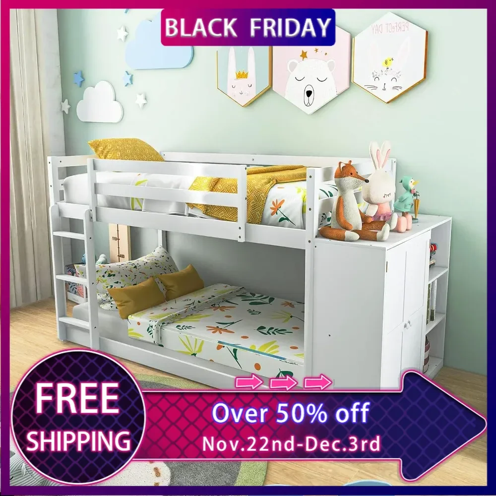 Twin Over Twin Bunk Bed with Storage Shelves, Solid Wood Bunk Bed Frame with Convertible Bookcase & Ladder for Kids Teens