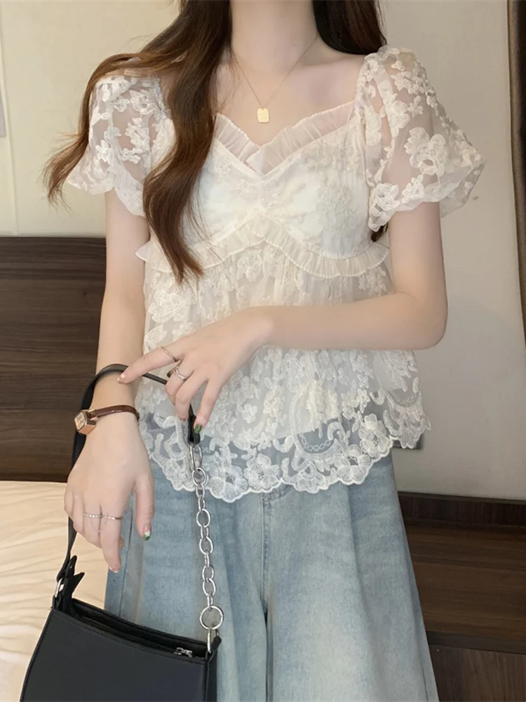 Fashion Elegant Blouses V Neck Puff Sleeve Solid Color Ruffles Plus Size Crop Tops All Match Summer Casual Loose Women Clothing