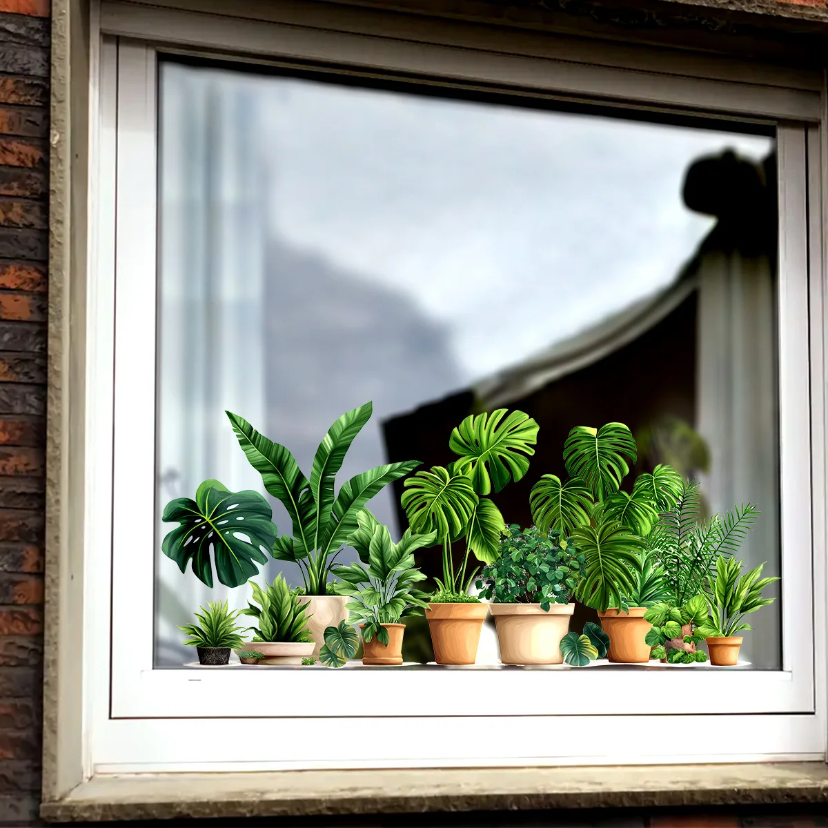 Tropical Potted Plants Window Decals, Potted Monstera Palm Wall Stickers,Greenery Window Clings for Kitchen Home Decor